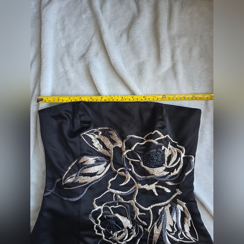 White House Black Market Strapless Black Dress with Gold Floral Design - Picture 4 of 14